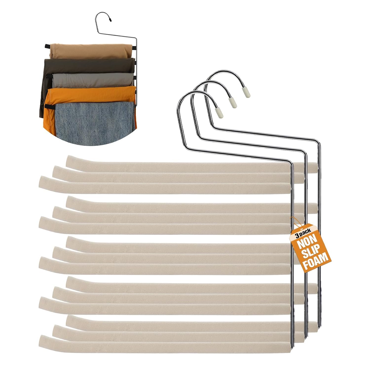 Five-Tier Pants Hangers — Beige · 3 Pack