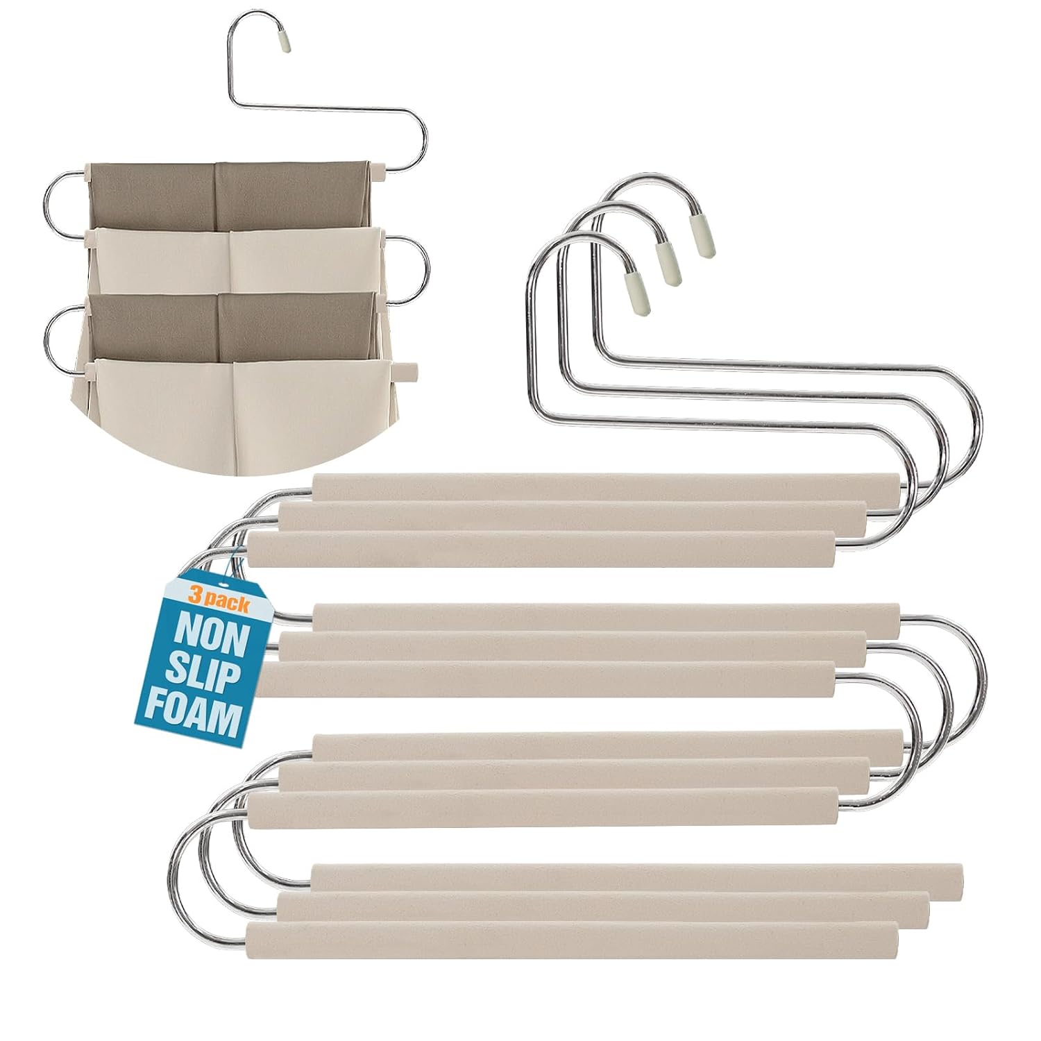 Four-Tier Pants Hangers — Beige · 3 Pack